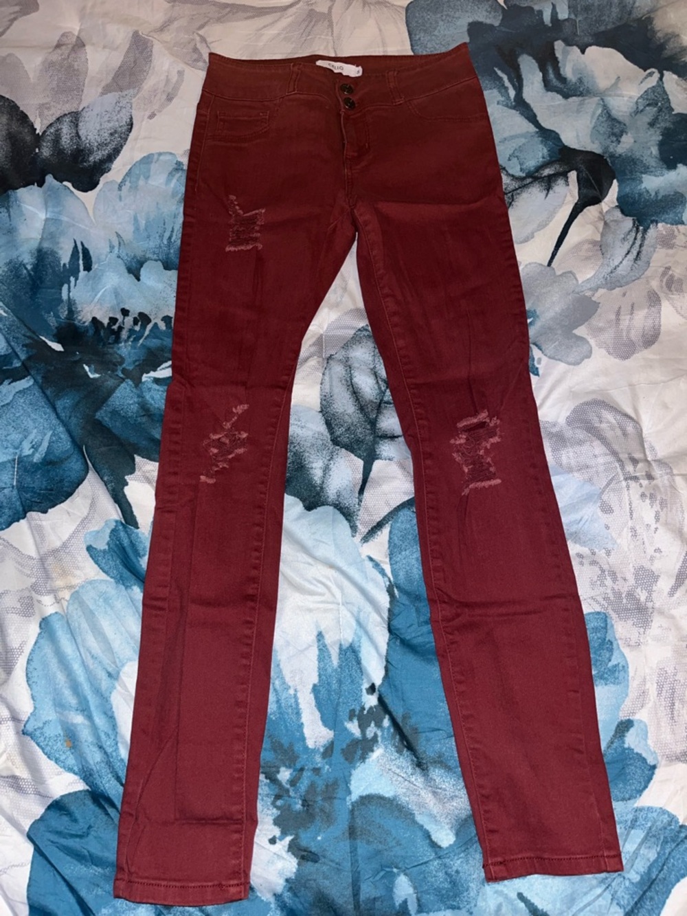 Cello Deep Maroon Skinny Jeans with Distressed Knees
